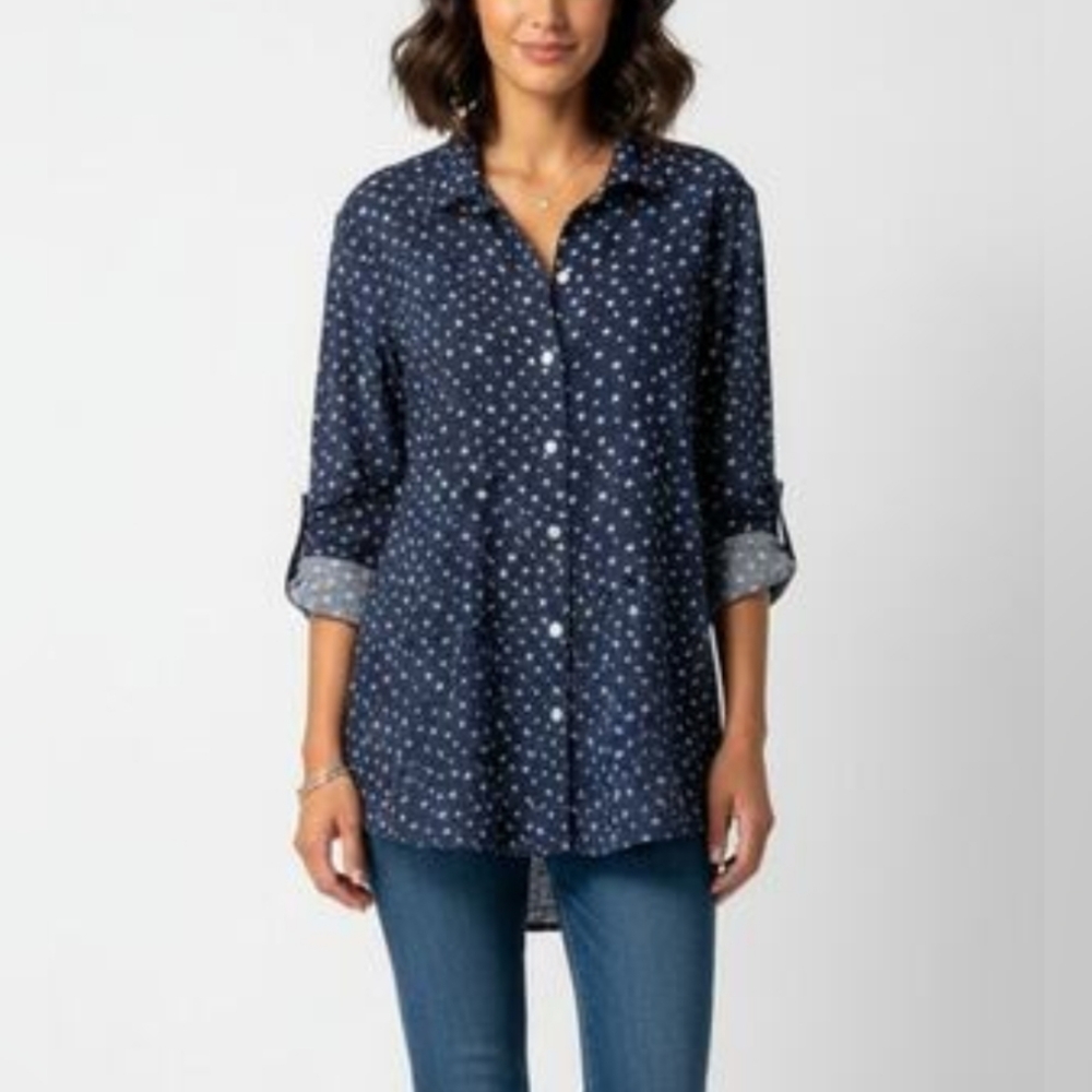 Jill McGowan Navy Blue Star Print Button Down Shirt - 100% Cotton - Size M